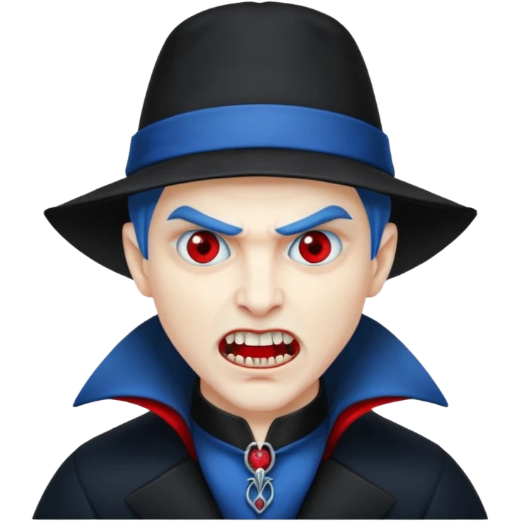 Vampire with blue hat ,black coat with read collared ,teeth looks like vampire with aggression on face and a full body. emoji