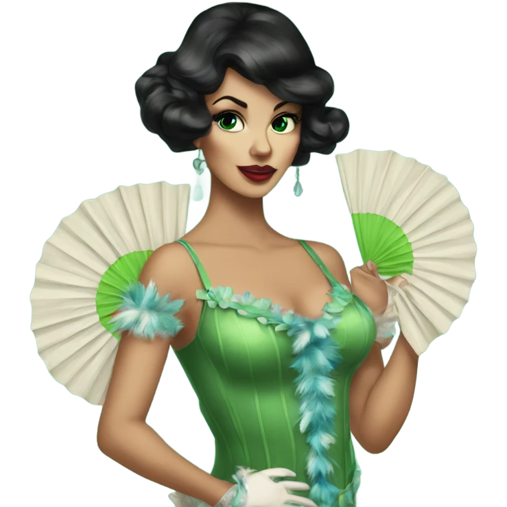 Burlesque dancer with black hair and green eyes in a vintage costume holding blue feather fans emoji