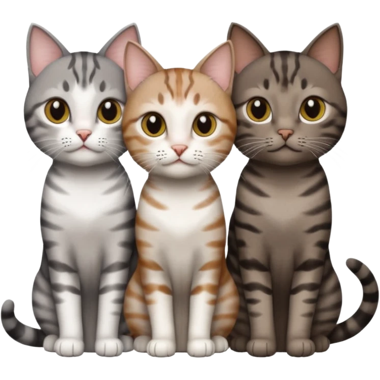 3 different coloured short haired cats including; a dark brown tabby and white cat, and a dark grey and white  emoji