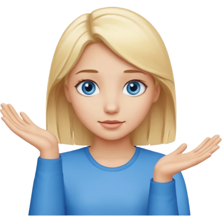 girl with blonde hair and blue eys with heands telling what  emoji