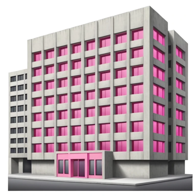 Brutalist concrete government building with one distinctive pink window and many standard windows emoji