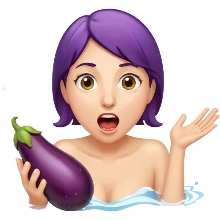 woman with open mouth, eggplant squirting water, surprised expression emoji