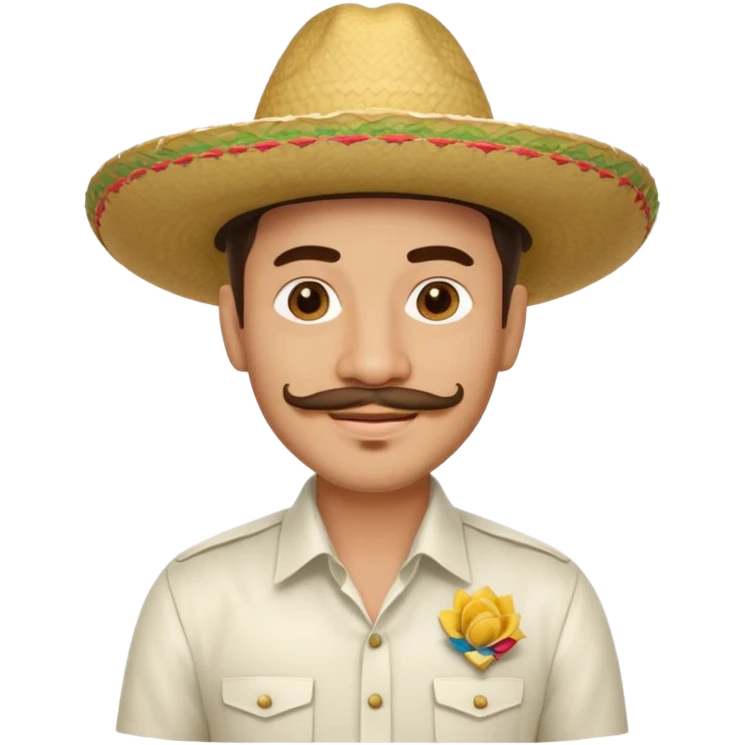 A happy, light skinned, Colombian man, with a small not connected mustache, a small gotee, wearing a Colombian Sombrero Voltiao, and wearing a white dress shirt emoji