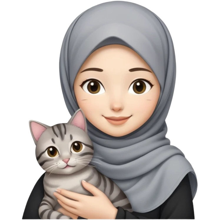 Asian White girl wearing pretty hijab holding a black grey tabby cat while smiling emoji