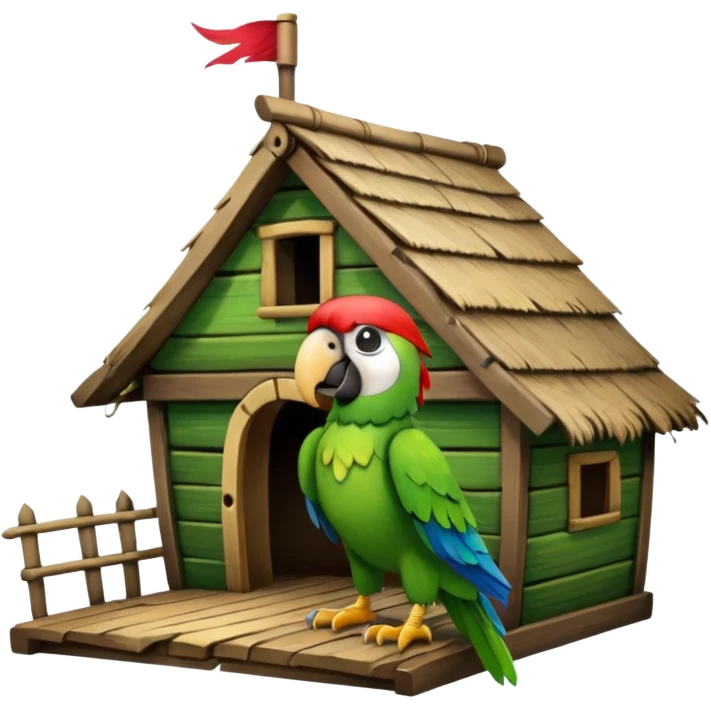 frontal view of an only Flying pirat parrot with a pirat hut. no other objects emoji