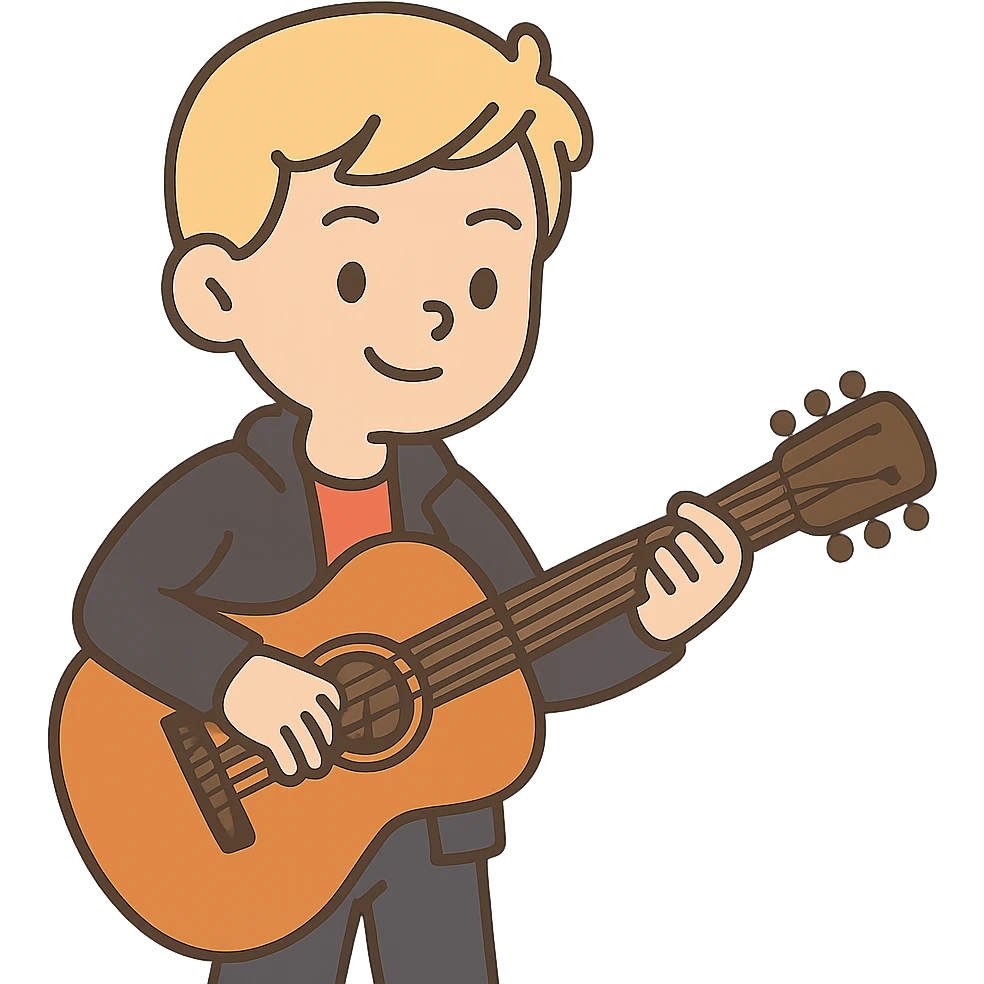 flat toon style young blonde boy in a black jacket playing a guitar emoji