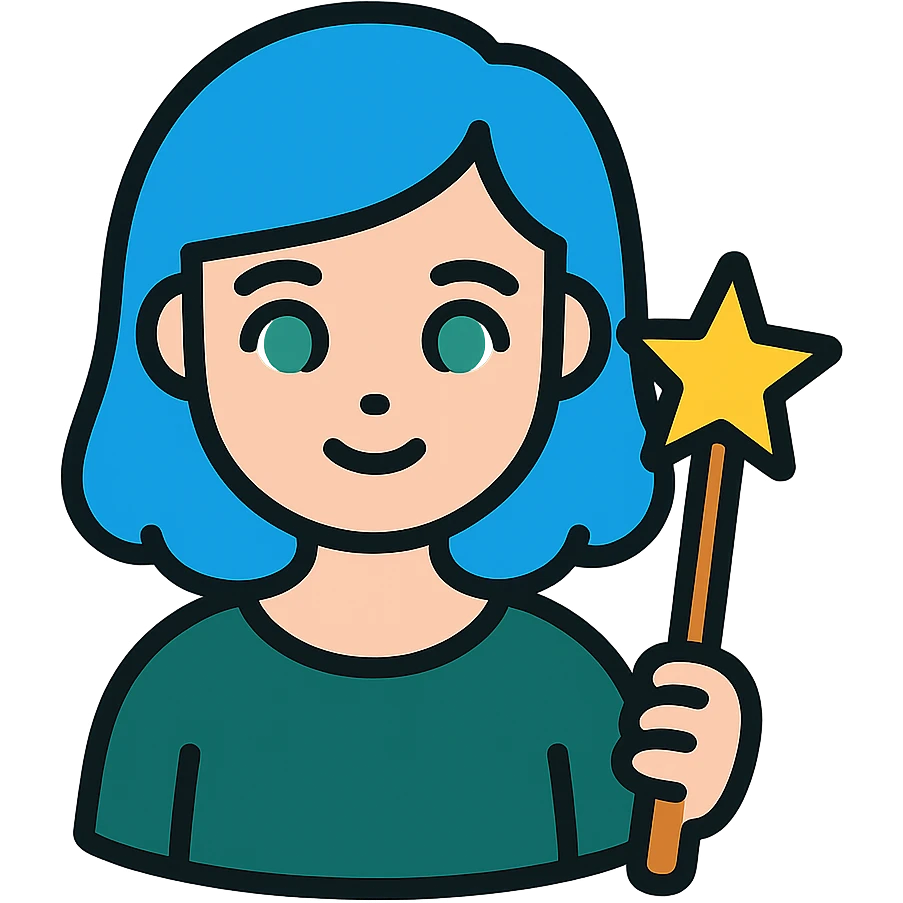 beautiful girl with blue hair and green eyes, holding a magic wand, wearing a dark green dress, color icon style emoji