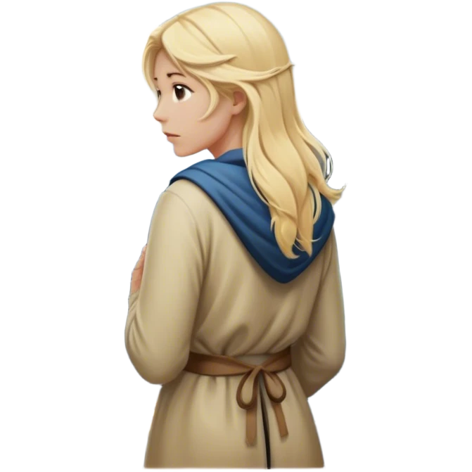 - the back of a blonde woman stands at a mountain crossroads, her back turned as she contemplates two trails—one illuminated,, and one shrouded in darkness, representing reaction. with hands on chest emoji