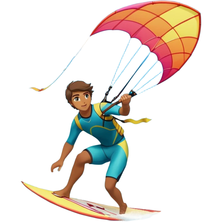 A professional kite surfer riding the waves, holding the kite in front of them as the wind fills the sail, propelling them across the water. The backdrop features a stunning landscape with a vibrant sky, crashing waves, and a sense of motion and adventure. emoji