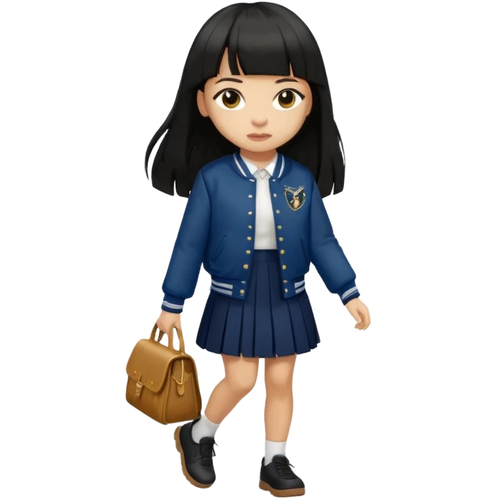 hair : black long hair with fringe 
skin : light 
cloth : deep brown varsity jacket + navy long long school girl skirt 
motion : walking 


 emoji