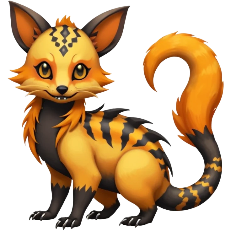 Rare warm-colored exotic cute epic aesthetic gothic colorful Salandit-Eevee-Civet-species-Fakemon-hybrid-creature, with intricate tattoo markings, full body emoji
