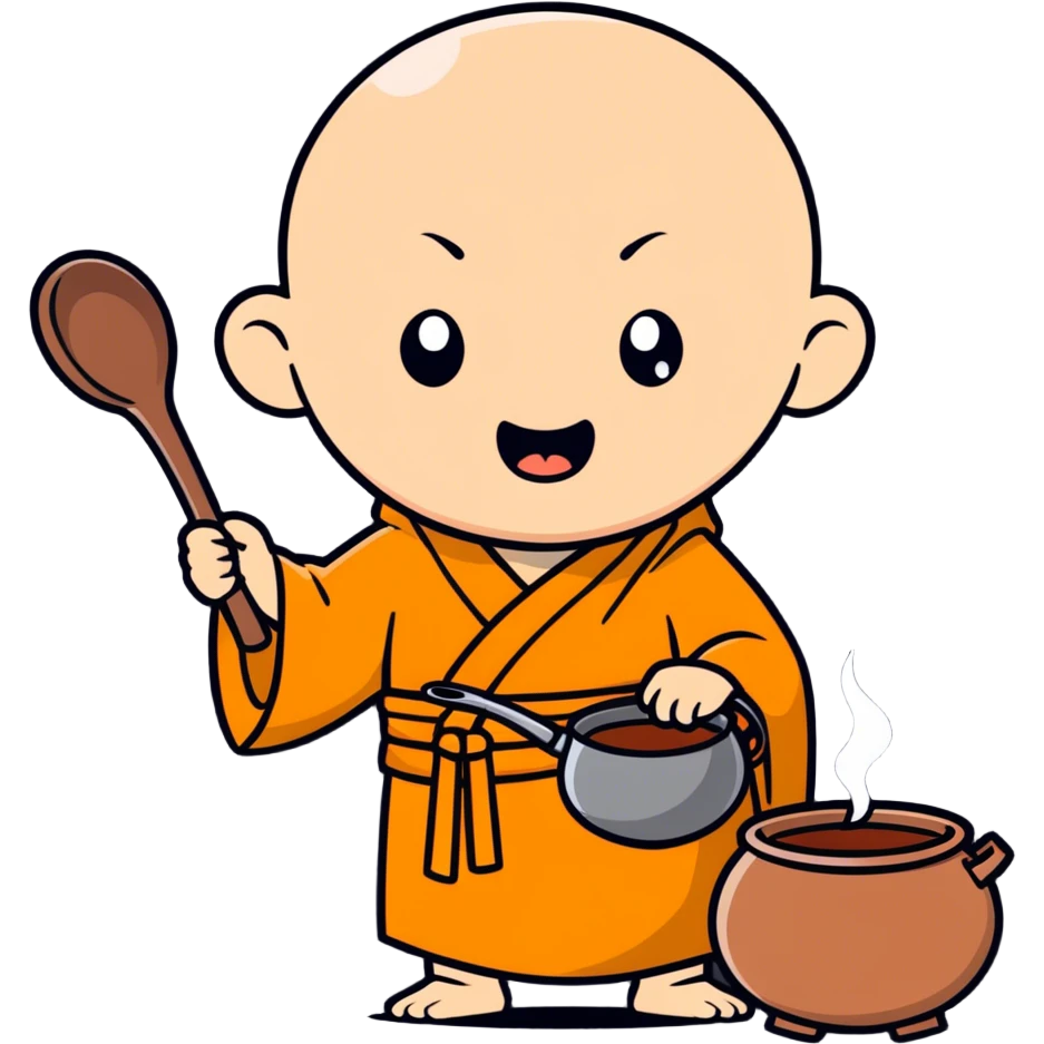 A little monk cooking and calling “help needed” emoji