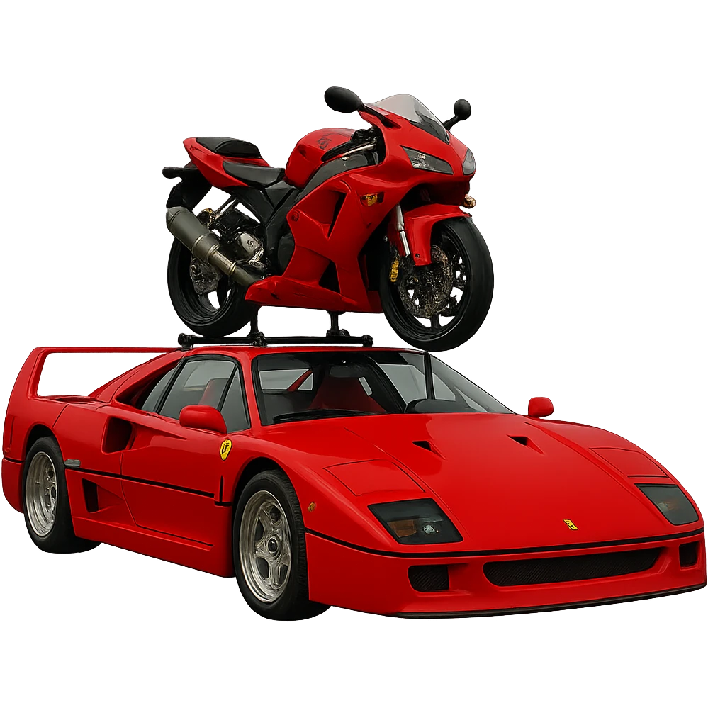 Add visible supports holding up the red motorcycle on the roof of the realistic F40. The background should be transparent, isolating the subject clearly. emoji