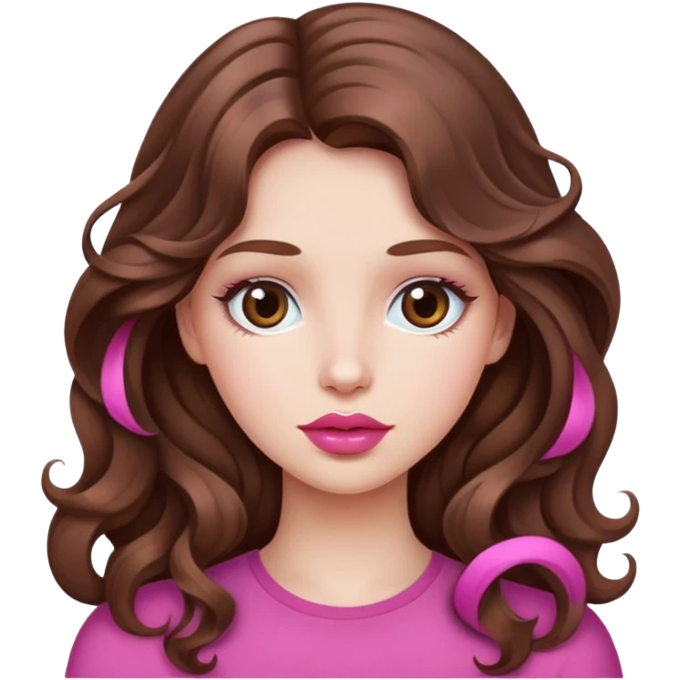 Can you generate a beautiful girl with a little bit pink and big lips,Wavy long brown hair  emoji