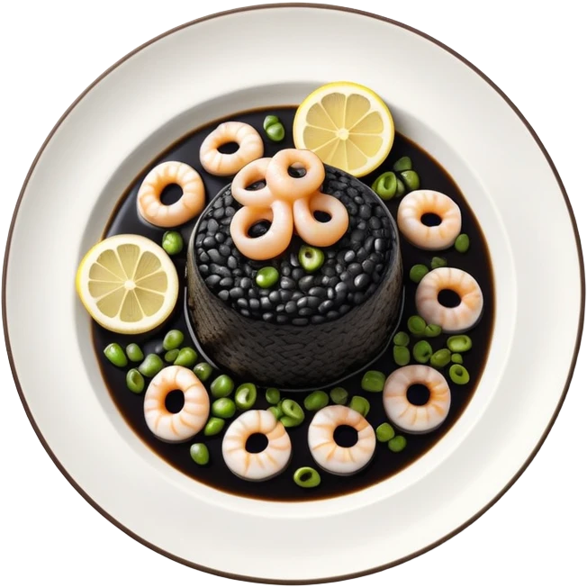 cinematic-realistic-black-risotto-dish,-showcasing-small squid pieces in black sauce -rendered-with-bold-textures-and-dynamic,-dramatic-lighting in a white plate with a grilled lemon on top emoji