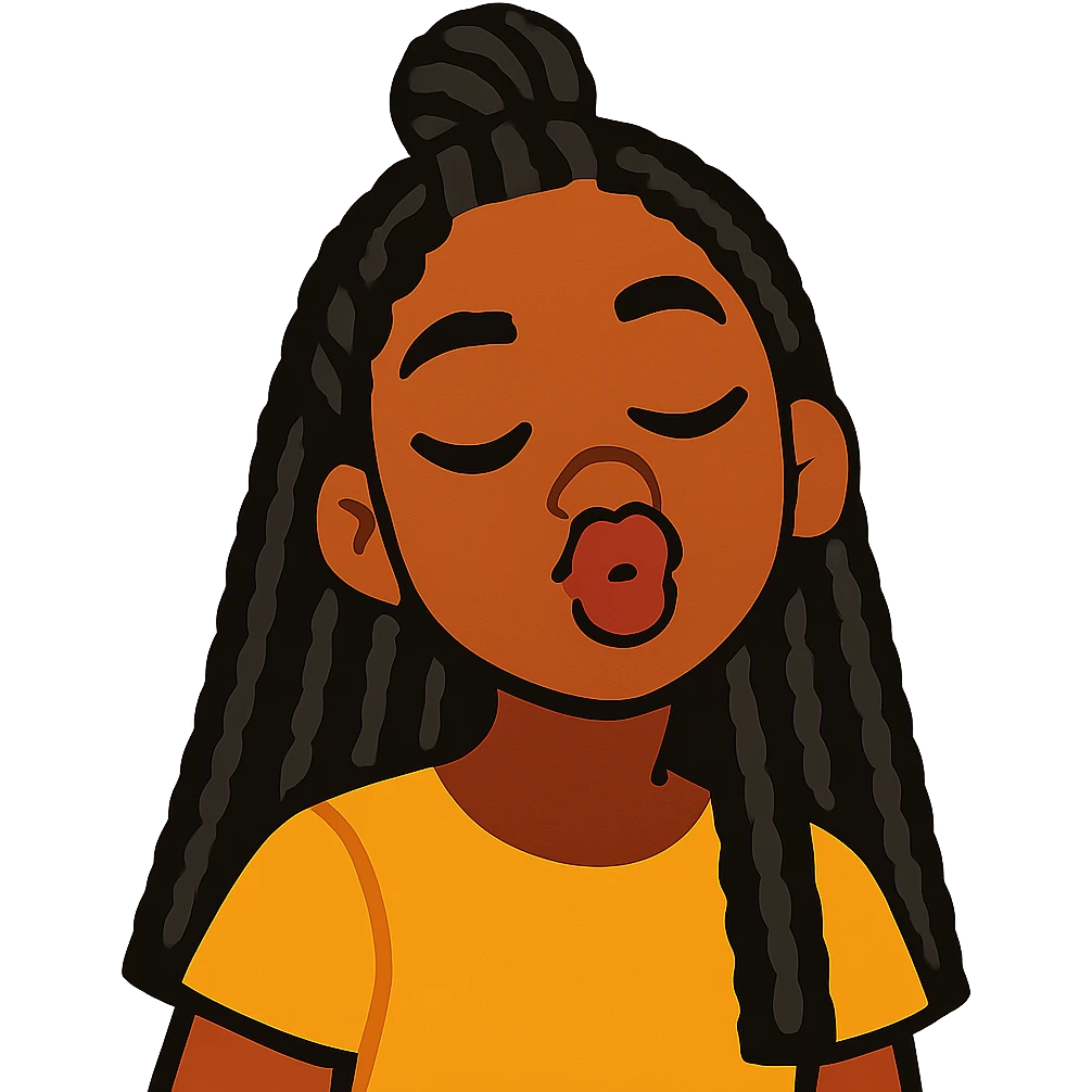 Black girl with long black braids, half up half down, puckering lips emoji