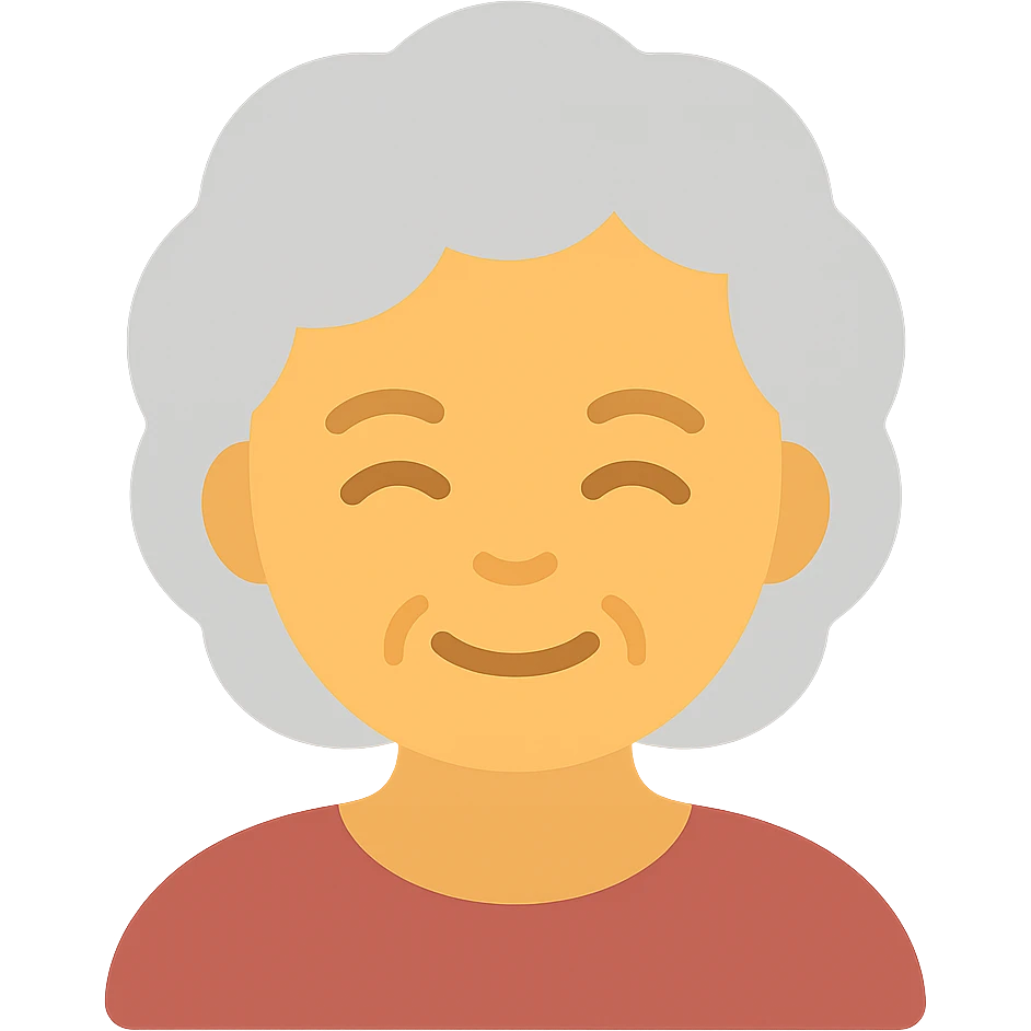 older lady with silver curly hair smiling emoji