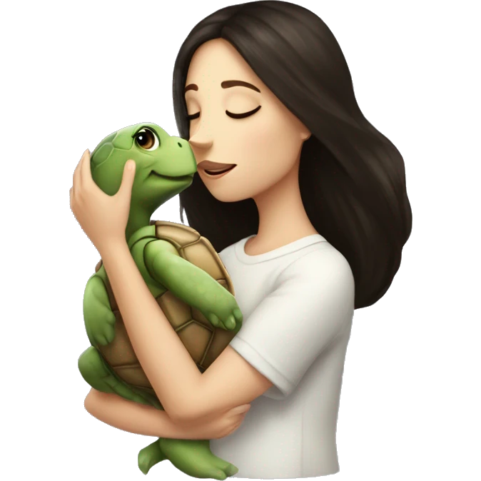 A white girl with dark hair kisses a little turtle emoji