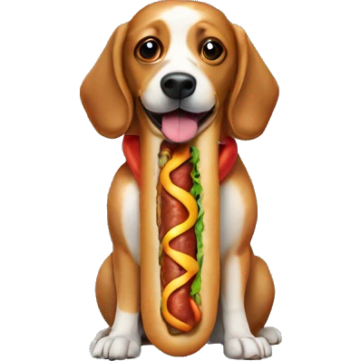 A dog wearing a  hotdog shirt  emoji