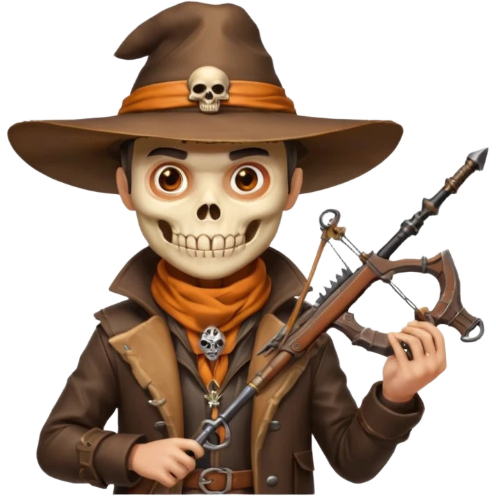 male human monster hunter emoji, wearing brown leather coat and wide hat, holding crossbow or rifle, with amulet shaped like skull, Halloween fantasy theme, confident smile, orange scarf, Apple emoji style, clean white background, square image emoji