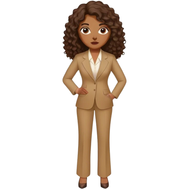 dark brown woman with medium brown long curly hair with middle part and an executive tan pant suit  emoji