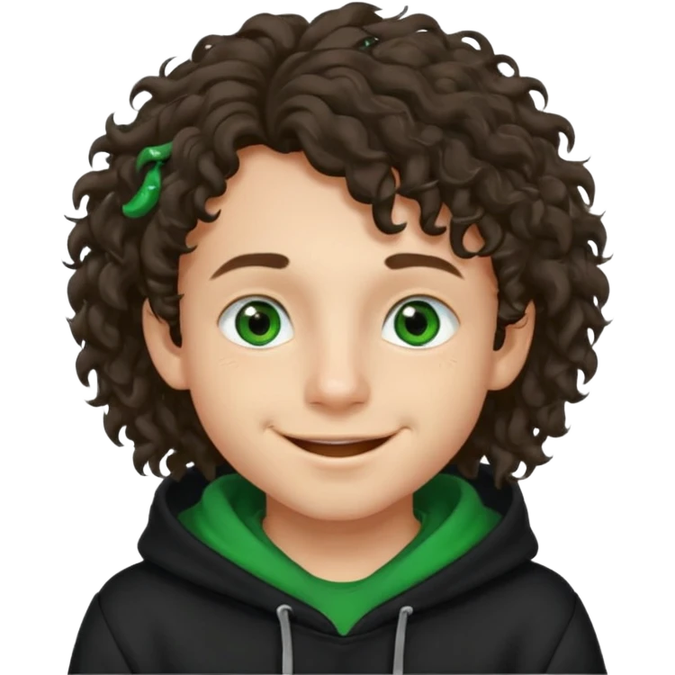 boy with long curly hair and a mole next to his mouth with green eyes black hoodie smiling emoji