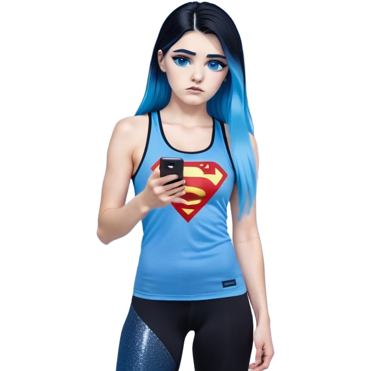 Shameful disappointed crying-very very very very big chest-texting on a samsung cell phone-very long straight flowing black to sky blue hair ombre-blue eyes-black eyeliner-long eyelashes-plastic sparkling sky blue very low cut tank top with sparkling superman logo-black leggings-nike sneakers emoji