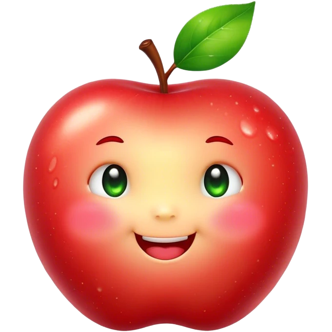 Cute Kawaii Apple, round and plump, bright shiny red with a tiny green leaf, chubby cheeks, sparkling eyes, a happy smile, soft glowing highlights, radiating fresh sweetness! emoji