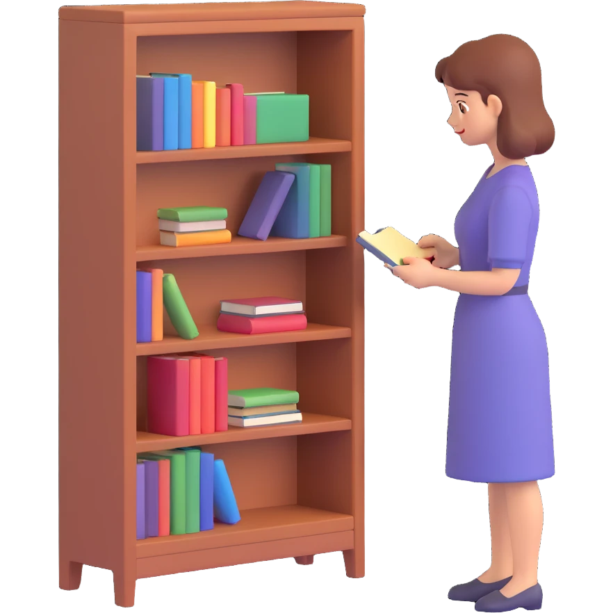 a woman looking at a small bookcase emoji