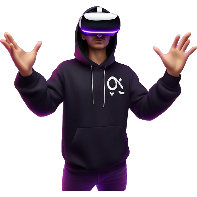 Russian man wearing a black hoodie with "OMG" letters on it and VR headset oculus quest 2 in a cyberpunk VR environment with violet neon lighting. Showing direction with hand emoji