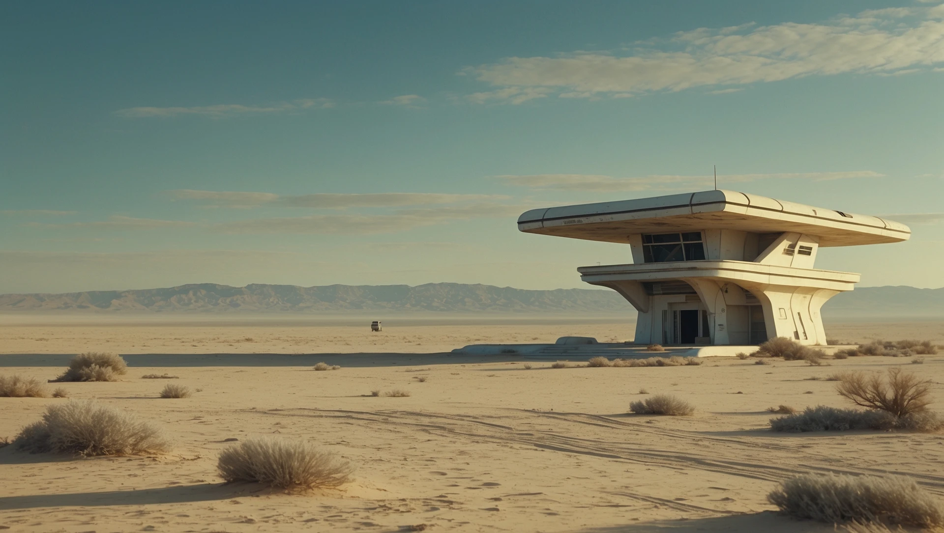 Cinematic still from 1990s Retro Space movie, film called Retro Futurism, Establishing scane showing desert with single small abandon futuristic bulding, big landscape in background showing loneliness emoji