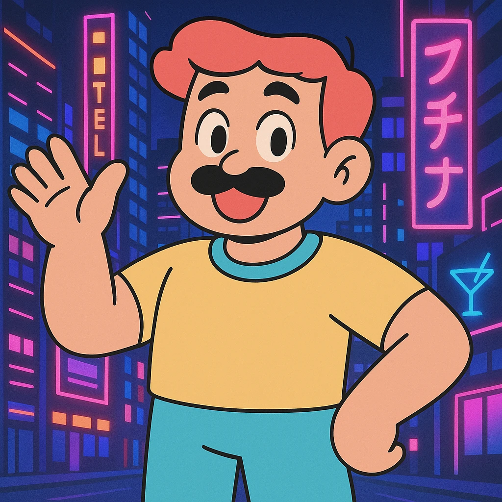 Add a neon city background, keep the 90's anime style and all original colors and lighting emoji