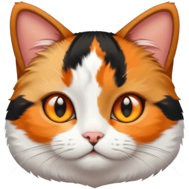 calico cat with small head, hazel eyes, and short but chubby body emoji