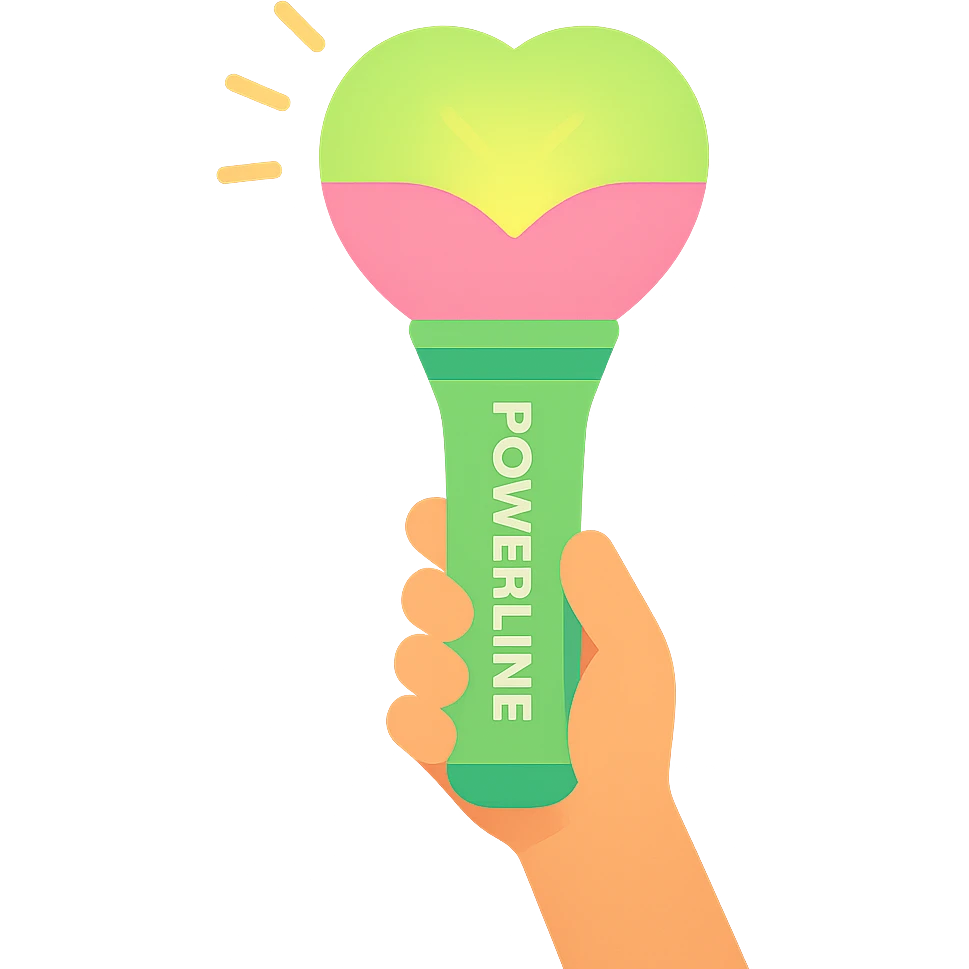 green and pink K-Pop lightstick with the keyword 'POWERLINE' on the handle, glowing, held up in a crowd at a concert, vibrant lighting emoji