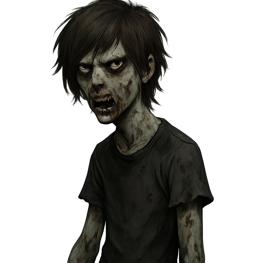 zombie boy, brown medium shaggy hair, emo style, dark and scary expression emoji