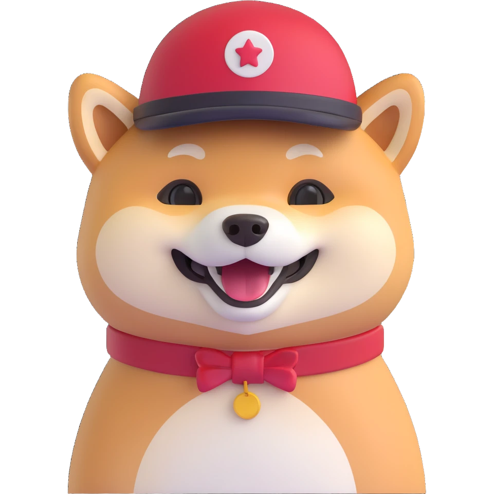 friendly Shiba Inu smiling wearing a red hat, bright and cheerful emoji