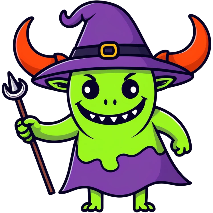 smiling demon with a big hat that has holes for its horns emoji