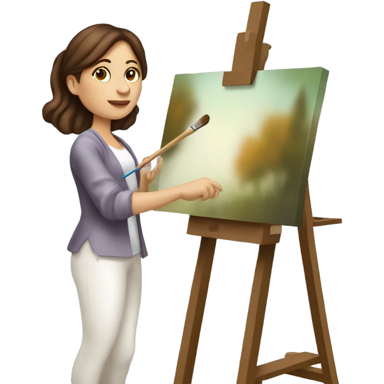 A female Caucasian brown haired artist, painting at an easel with Canvas on the easel emoji