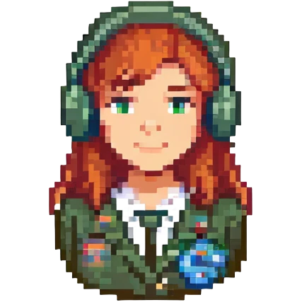 Crop the image to show only the female recruiter's head and shoulders, including the YC logo badge on her jacket, with a headset. Render in cute 8-bit pixel art style with no background. emoji