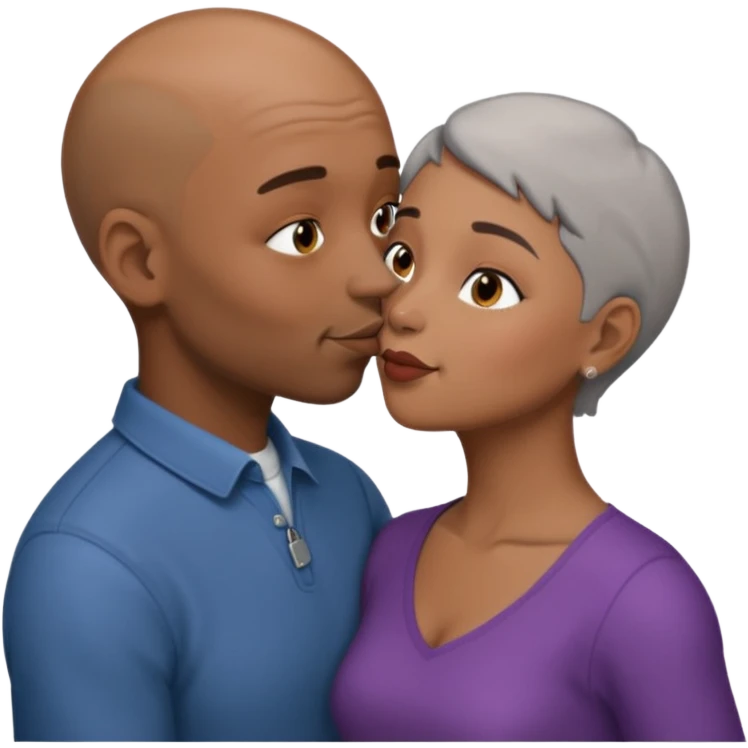 Brown bald man kissing brown woman with short grey hair emoji