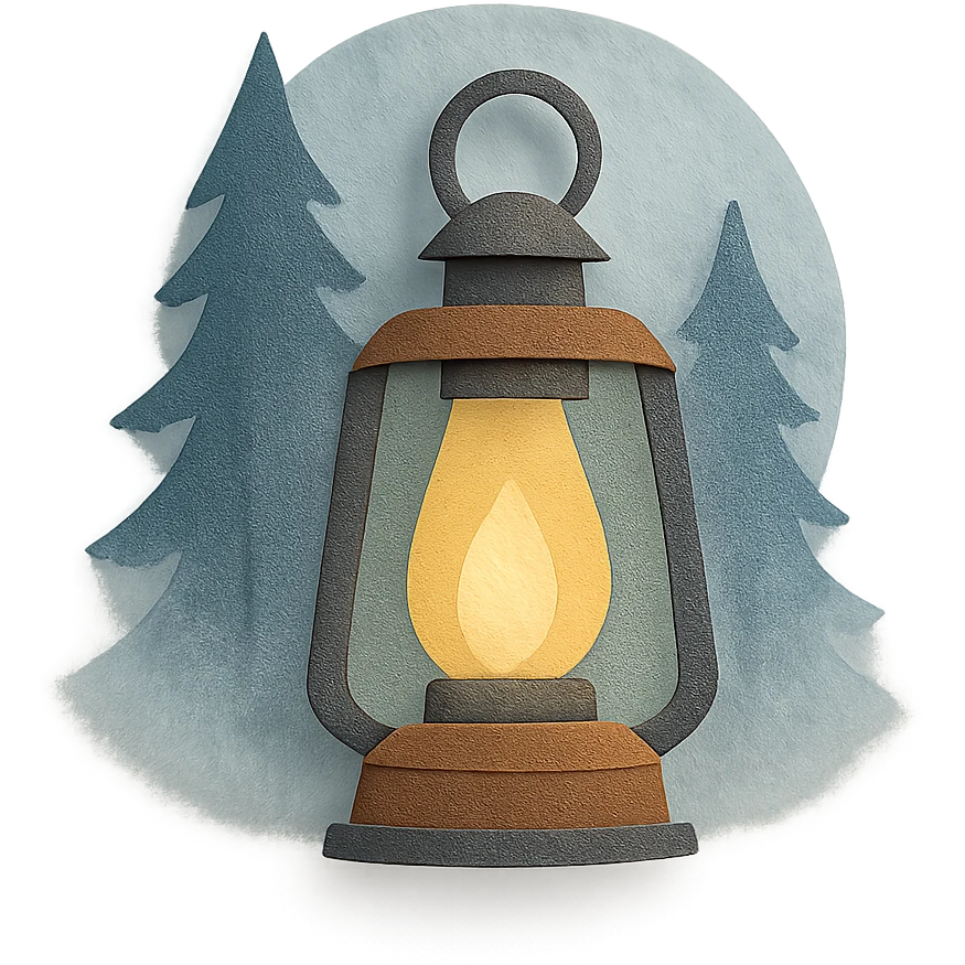 a lantern glowing softly in the misty woods, calm and dreamy feel, paper craft style emoji