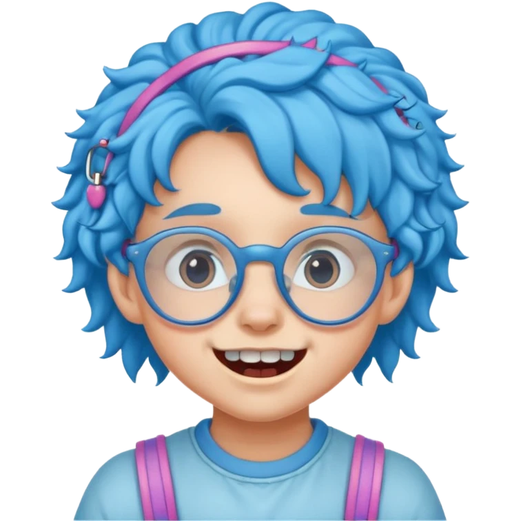 kid with teeth braces bunny eared blue haired curly big braces and glassess emoji