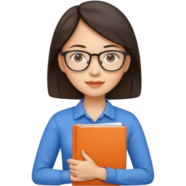 An asian brunette woman teacher with papers and laptop wearing glasses in blue and orange shirt emoji