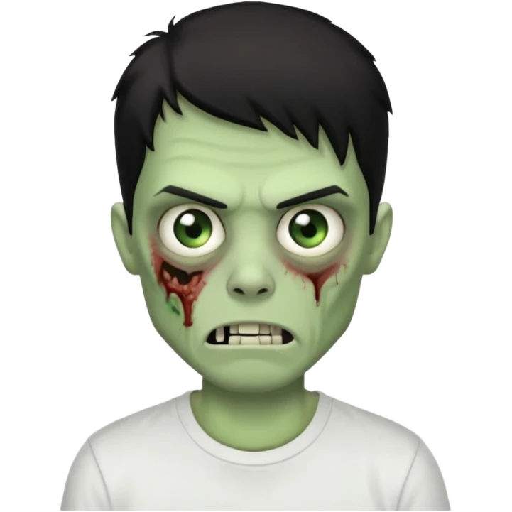 Rosto de frente classico de zombie boca meio torta cabelos medios pretos low fade com pele verde clara camiseta branca emoji