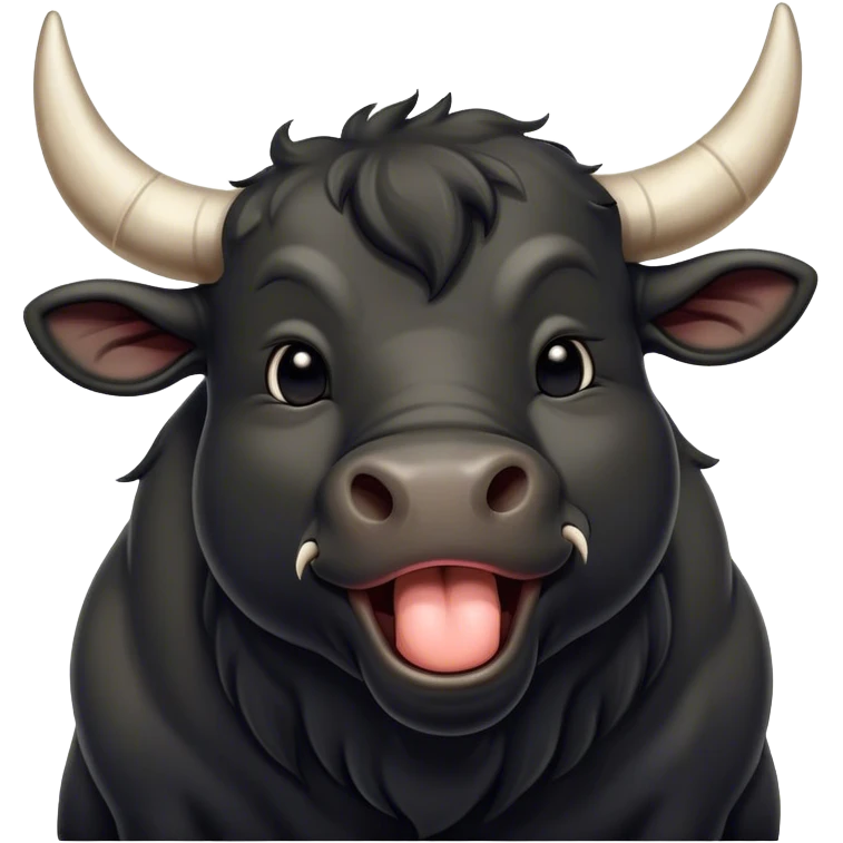 Cinematic Cute Yawning Black Bull Portrait Emoji, Head tilted slightly with a dramatic, wide-open yawn, showcasing a smooth, pure black hide with a subtle texture, floppy ears slightly drooping, round dark eyes barely open in drowsy contentment, Simplified yet irresistibly adorable features, highly detailed, glowing with a soft, cozy glow, high shine, relaxed yet expressive, stylized with a touch of rugged whimsy, bright and endearing, soft glowing outline, capturing the essence of a sleepy yet affectionate guardian, so drowsy it feels like it could charge right out of the screen and curl up for a nap! emoji