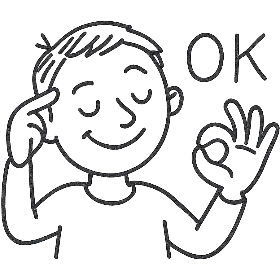 expressive face, hand gesture to temple and away, with text 'ОК' emoji
