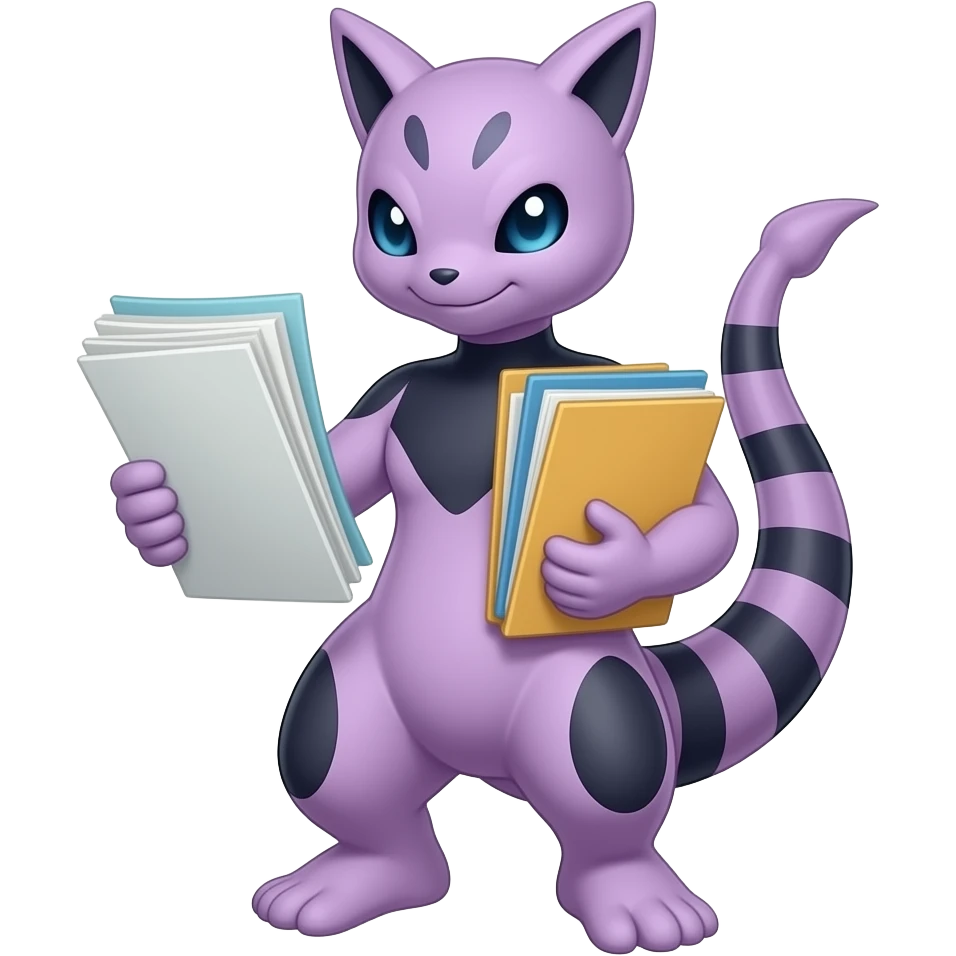 pokemon mewtwo purple, with sheets and folders in their hands emoji