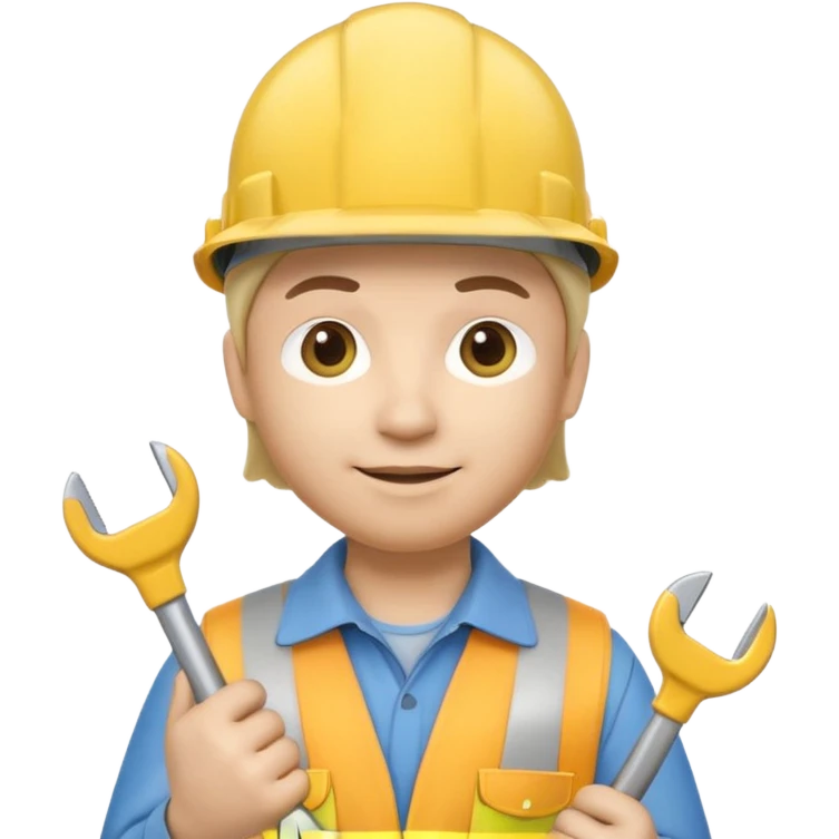 Apple Memoji-style 3D emoji of an engineer wearing a yellow hardhat holding a wrench, soft shading, rounded shapes, no background.
 emoji