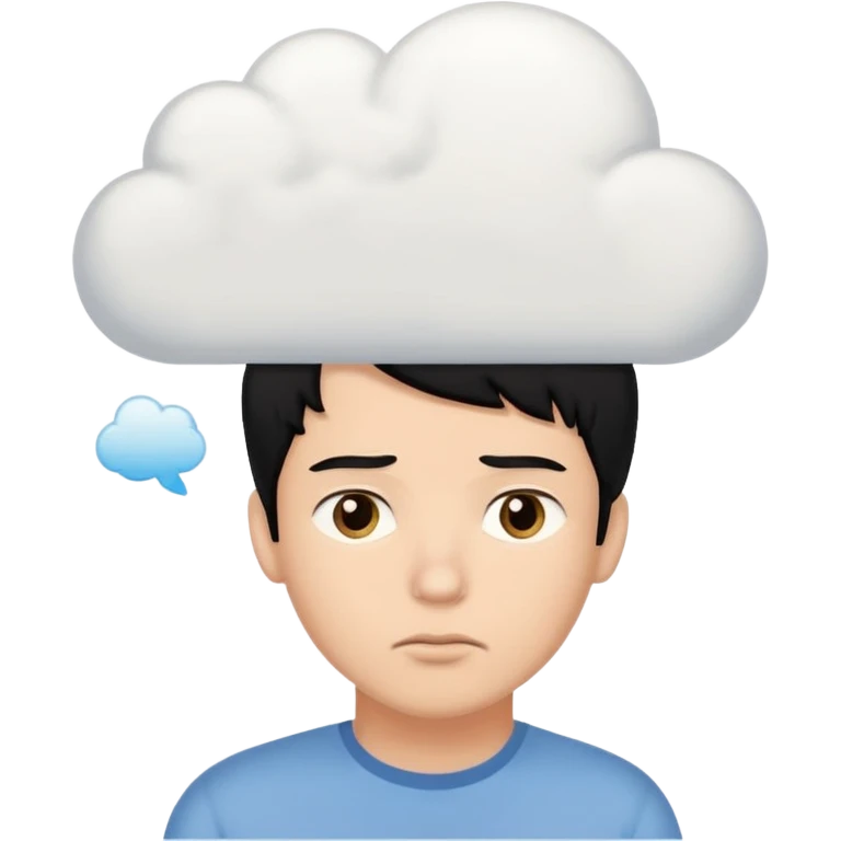 A thinking black hair male person with a white empty thought cloud emoji