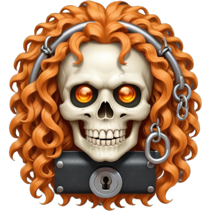 cinematic realistic steampunk Megadeth iconic skull mascot with a padlock in his teeth, orange curly huge hair emoji